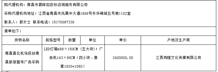 南昌市晨暉招投標咨詢服務有限公司關于南昌昌北機場投放南昌旅游宣傳廣告采購項目（采購編號：ncch2017-d0106）單一來源成交結果公告
