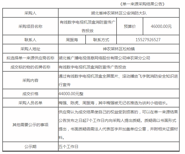 有線數字電視機頂盒消防宣傳廣告投放單一來源采購結果公告
