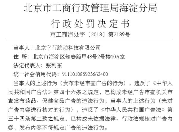 今日頭條行政處罰書